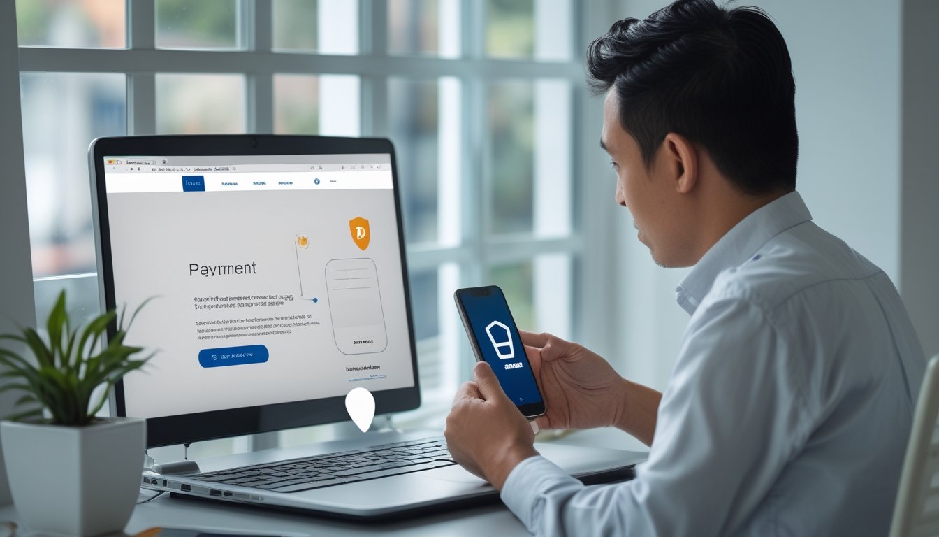Seseorang memeriksa situs di laptop sambil menyiapkan pembayaran melalui ponsel.