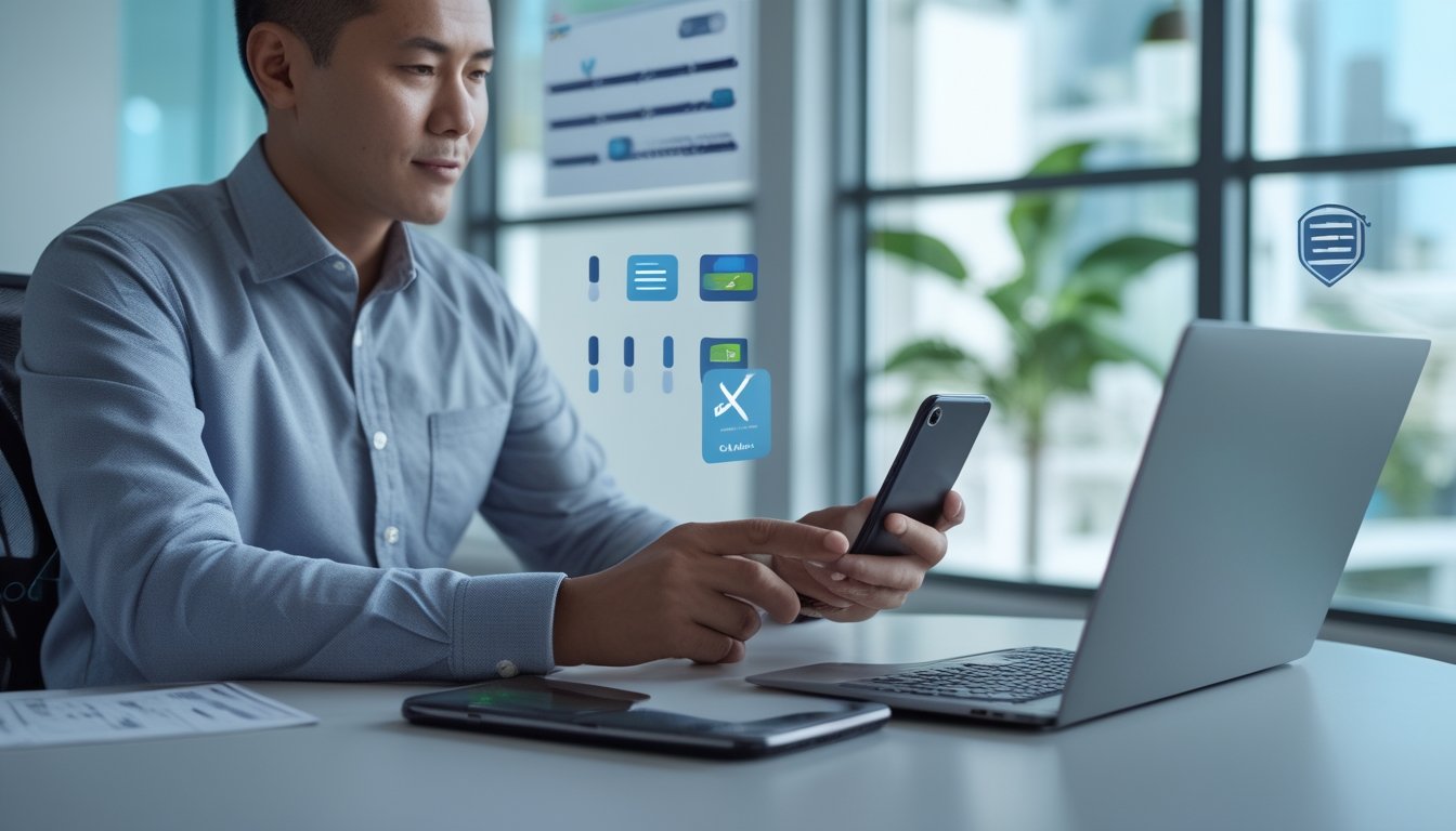 Seorang profesional Indonesia menggunakan ponsel dan laptop di kantor.
