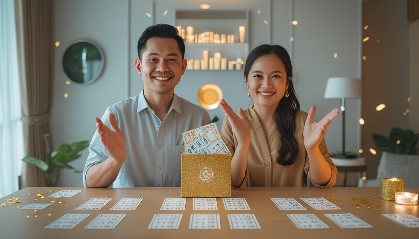 Sepasang orang dewasa Indonesia merayakan kemenangan bersama di ruang tamu.