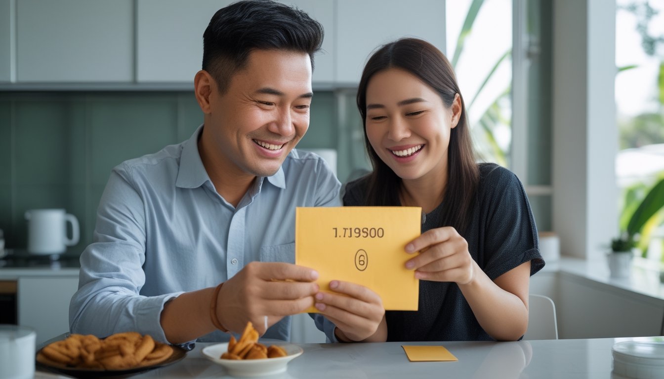 Sepasang warga Indonesia tersenyum sambil melihat amplop hadiah dan ponsel di rumah.