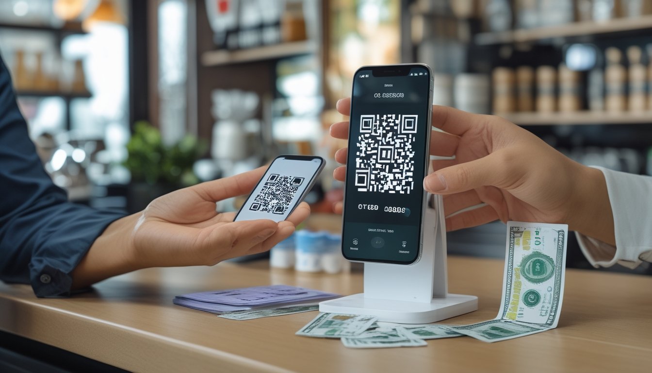 Pelanggan membayar di konter kafe dengan memindai kode QR menggunakan ponsel.