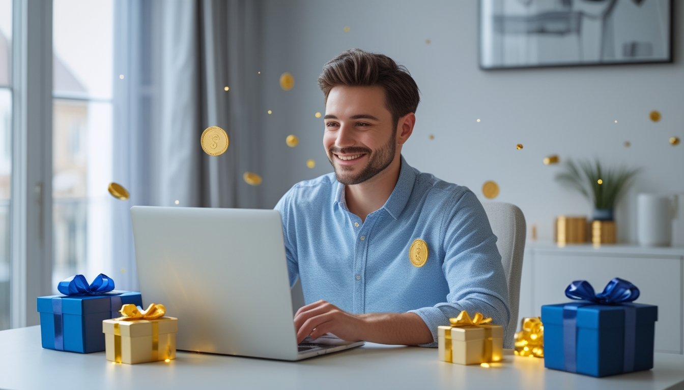 Seorang dewasa tersenyum di depan laptop dengan hadiah dan konfeti di atas meja.