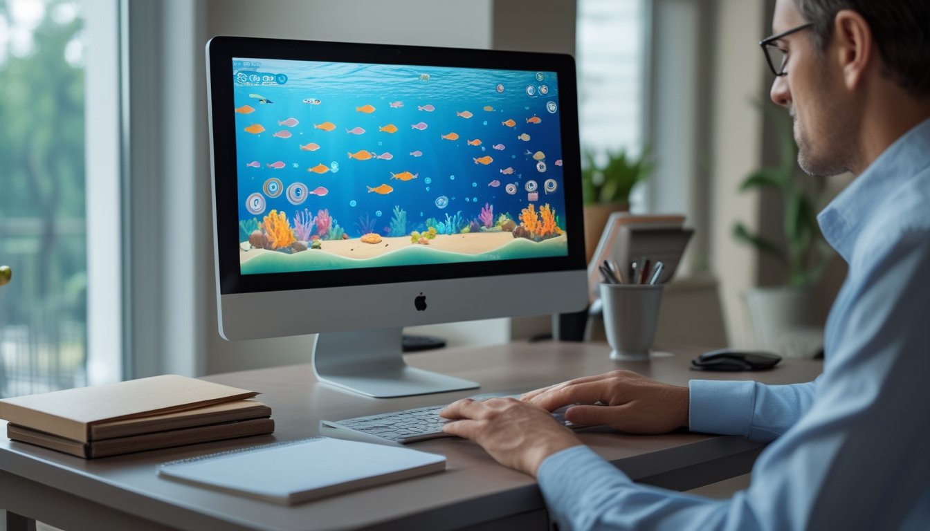 Seseorang bermain permainan tembak ikan di komputer sambil memegang beberapa token.