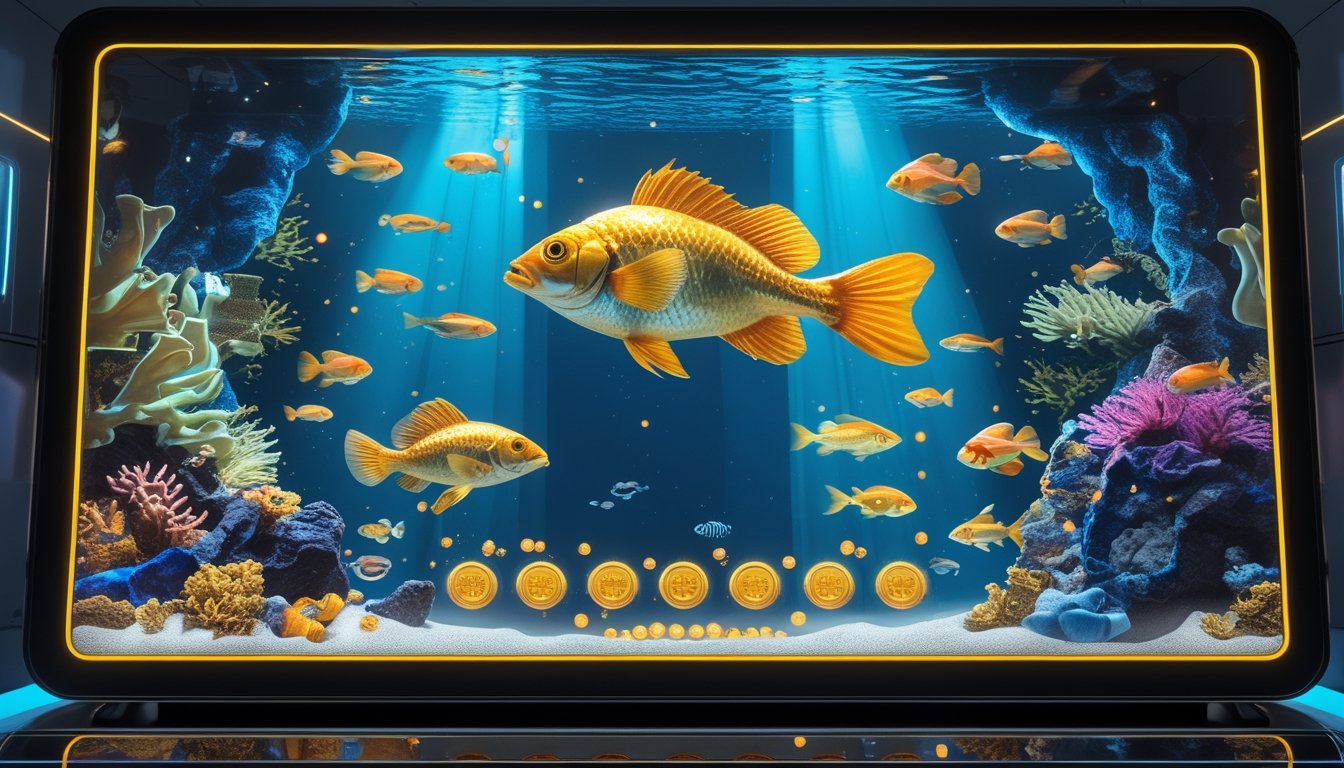 Ikan-ikan tropis berenang di sekitar seekor ikan emas di dalam permainan bawah laut.