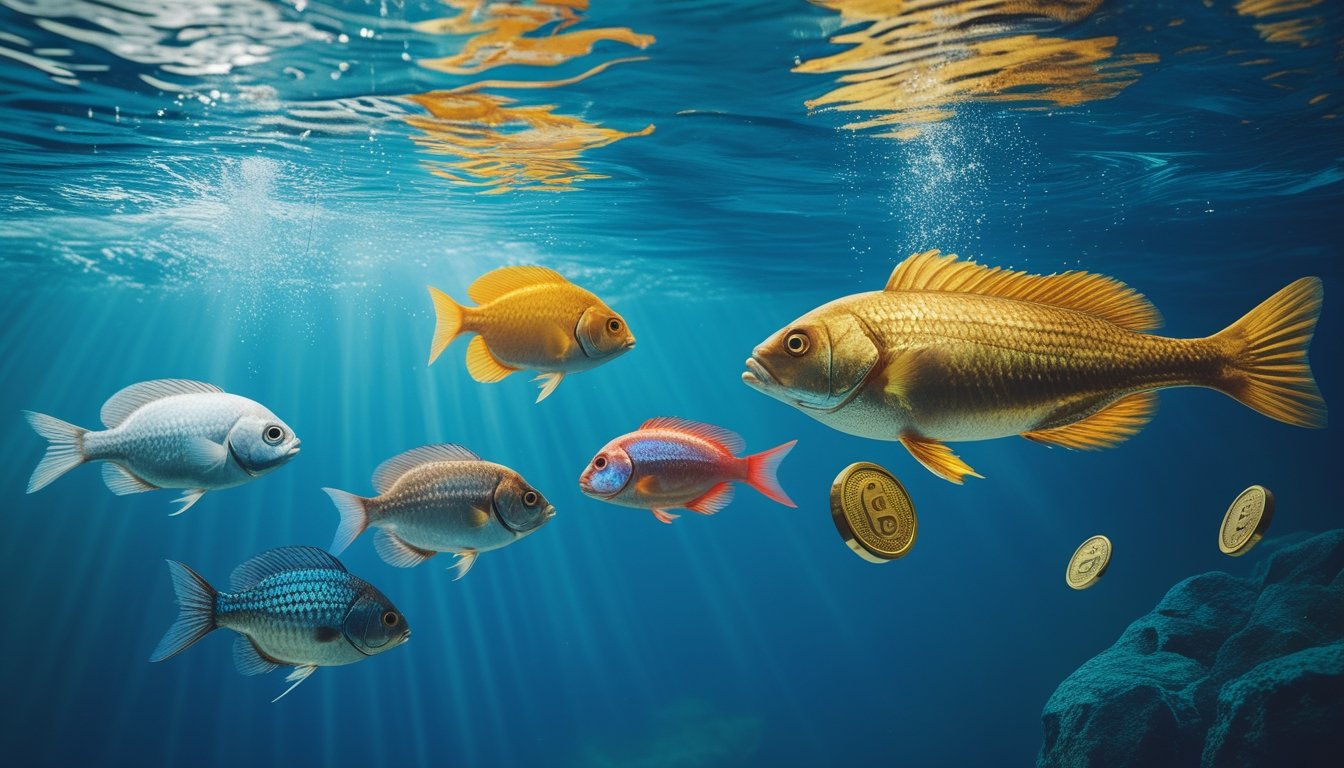 Ikan kecil, ikan tropis, dan ikan emas berenang di bawah laut.
