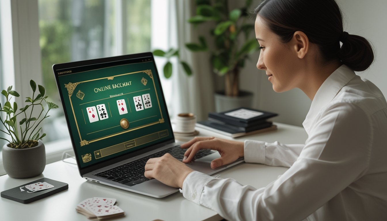 Seseorang mempelajari baccarat online di laptop dengan kartu dan keping permainan di meja.