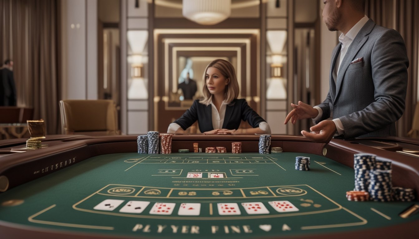 Seorang pemula memperhatikan dealer yang menjelaskan susunan kartu dan chip di meja baccarat.