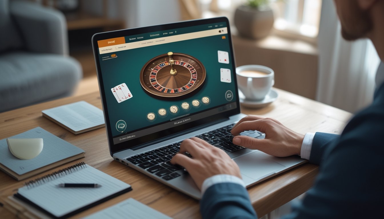 Seseorang meninjau permainan baccarat di laptop dengan beberapa keping taruhan dan catatan anggaran di meja.