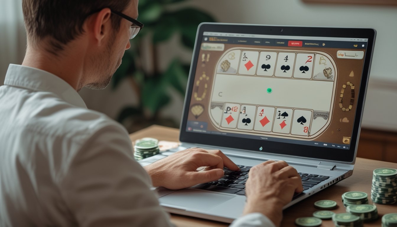 Seseorang mempelajari permainan baccarat di laptop sambil memegang beberapa keping taruhan.