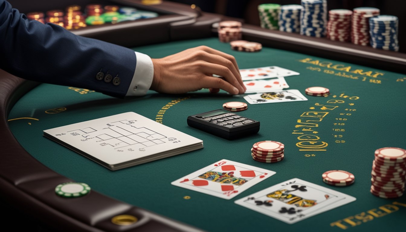 Kartu baccarat dan tumpukan chip di atas meja, dengan kalkulator dan catatan di sampingnya.