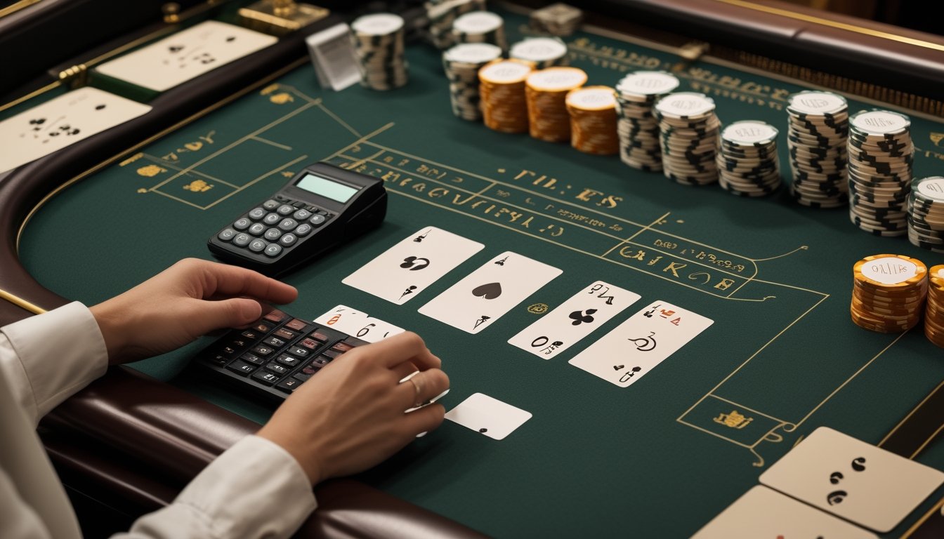 Tangan dealer menyusun kartu dan keping di meja baccarat.