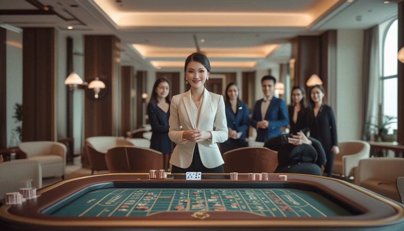 Seorang dealer dan beberapa pemain dewasa berkumpul di meja baccarat.