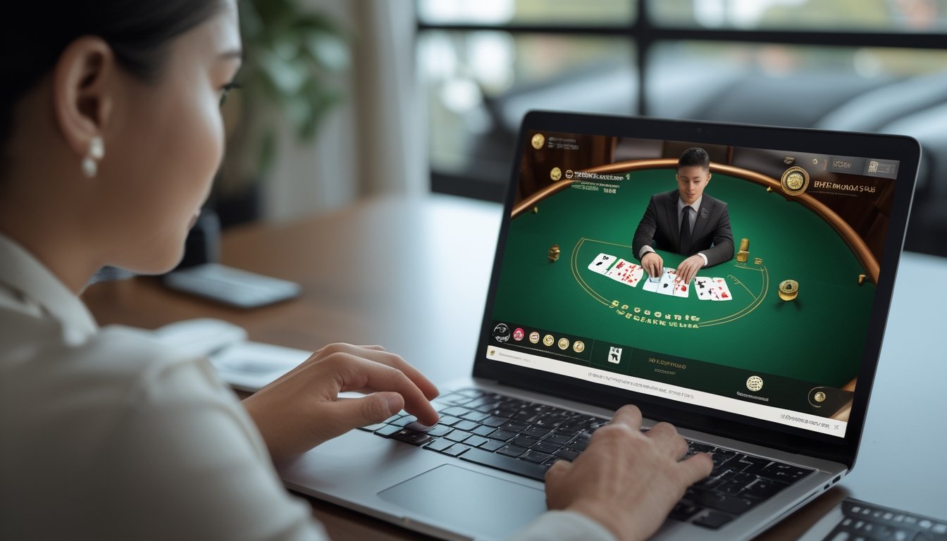 Seorang pengguna meninjau situs baccarat live dealer di laptop dengan ikon keamanan.