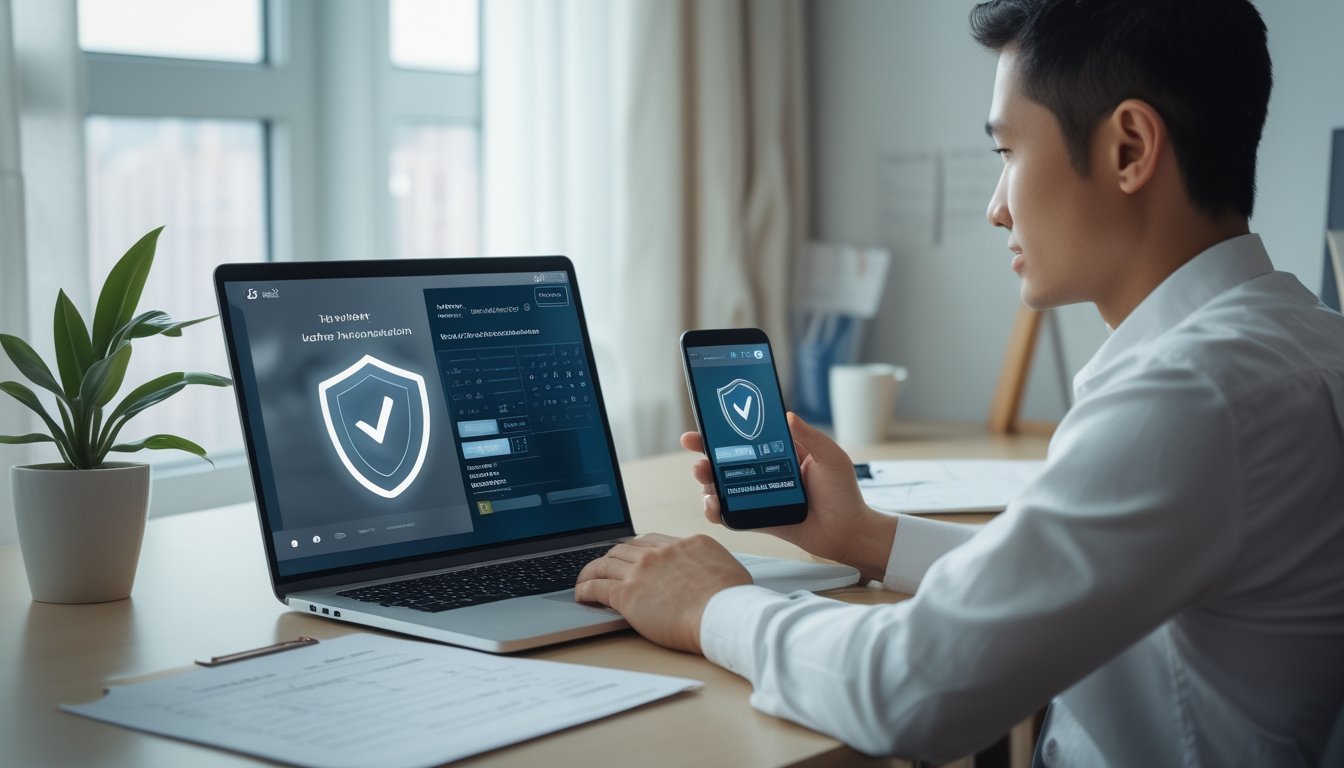 Seorang dewasa memeriksa informasi angka lotre di laptop pada meja kerja.