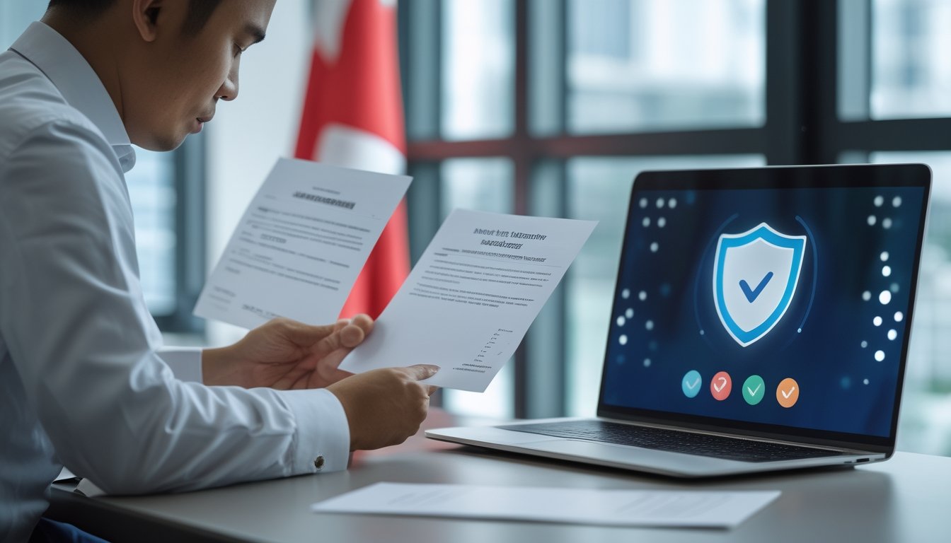 Seorang profesional hukum Indonesia meninjau dokumen di samping laptop dalam suasana kantor.