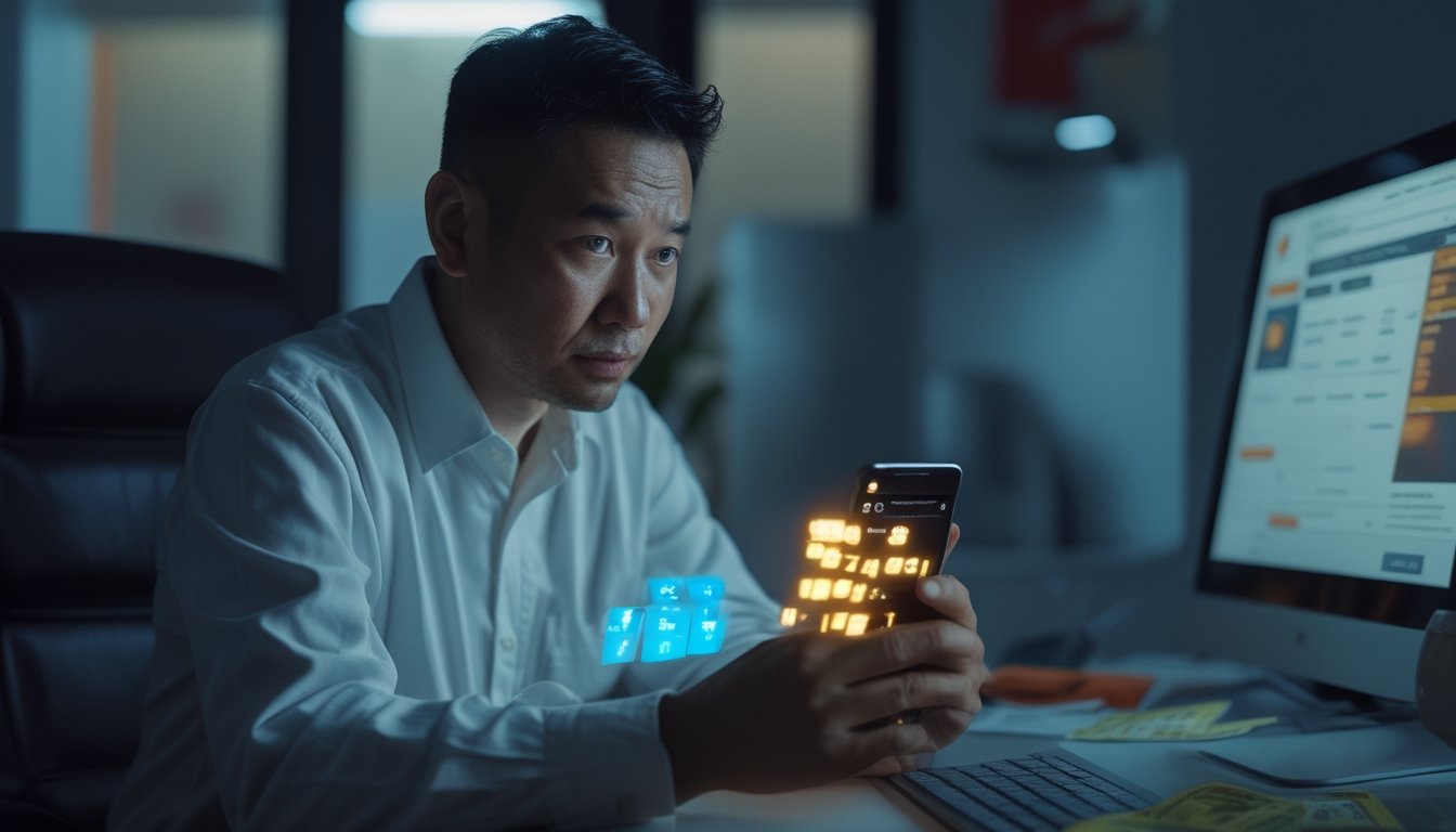 Seseorang memeriksa ponsel dengan ekspresi khawatir di meja yang terdapat kartu bank dan laptop.