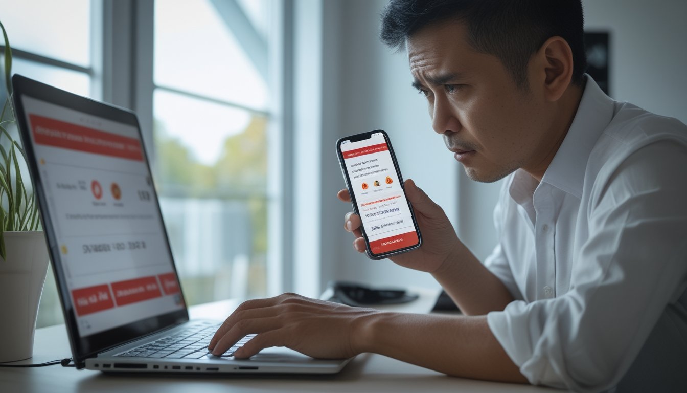 Seseorang memeriksa ponsel dan laptop dengan ekspresi waspada.