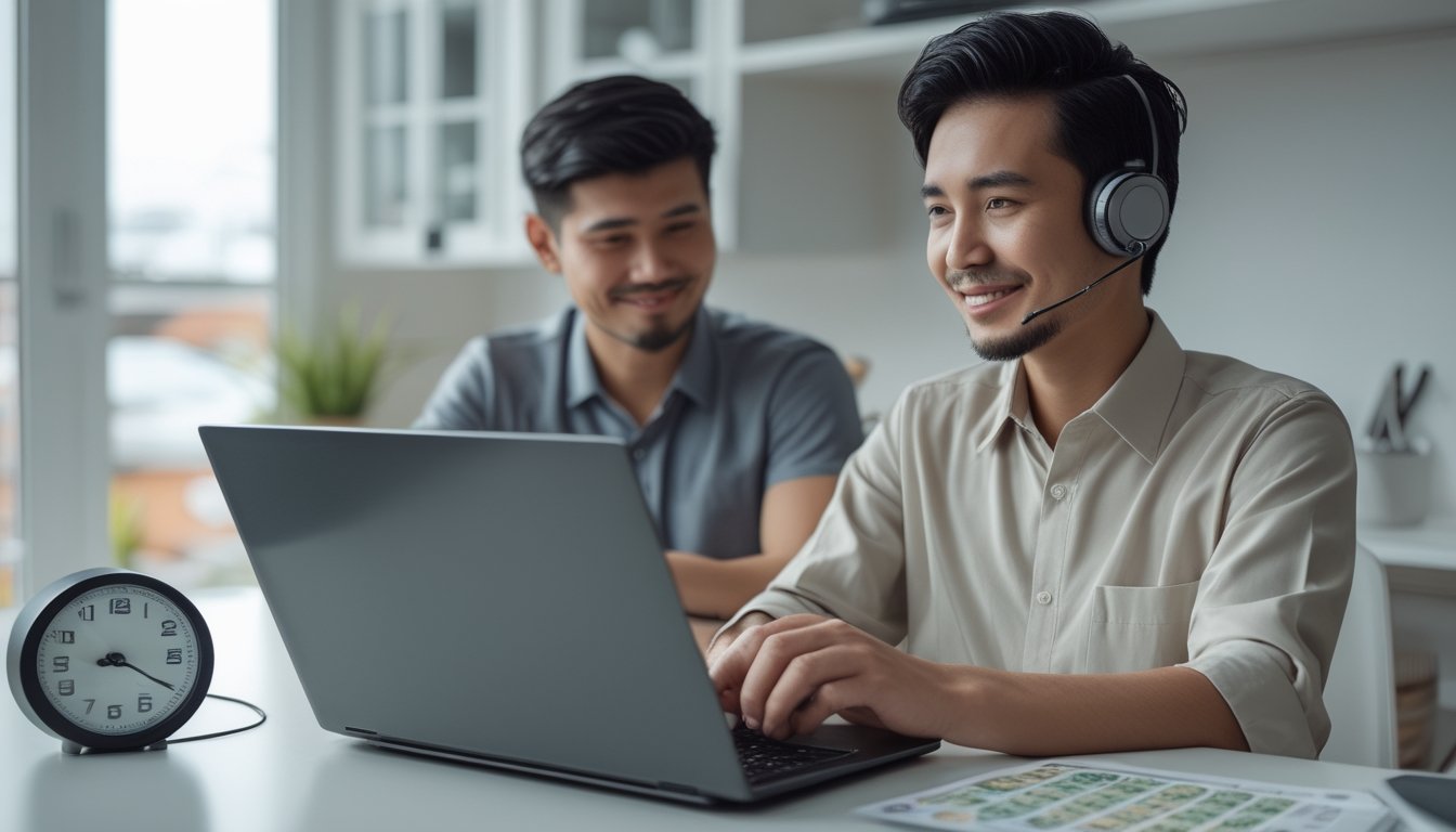 Seorang pelanggan berbicara dengan petugas layanan melalui ponsel sambil menggunakan laptop di meja.