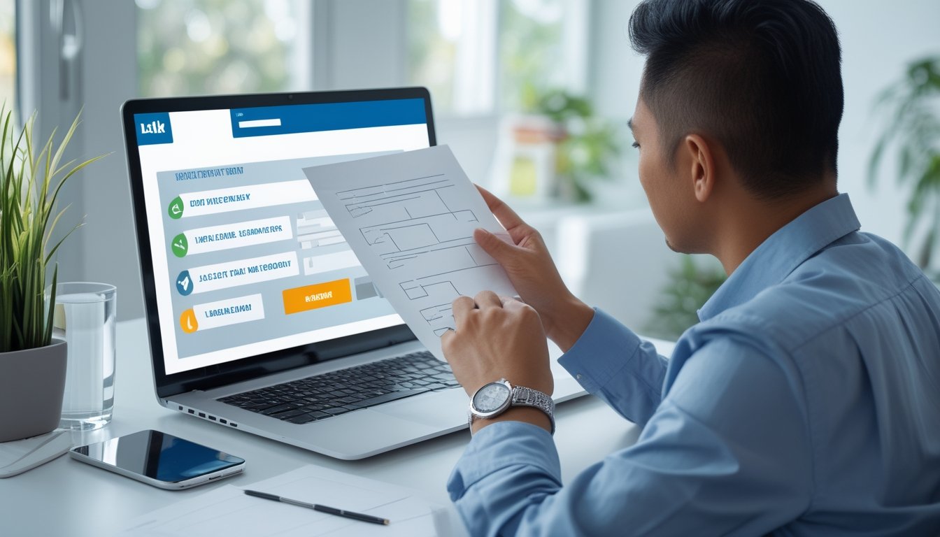 Seseorang memeriksa laptop dan daftar periksa di meja.