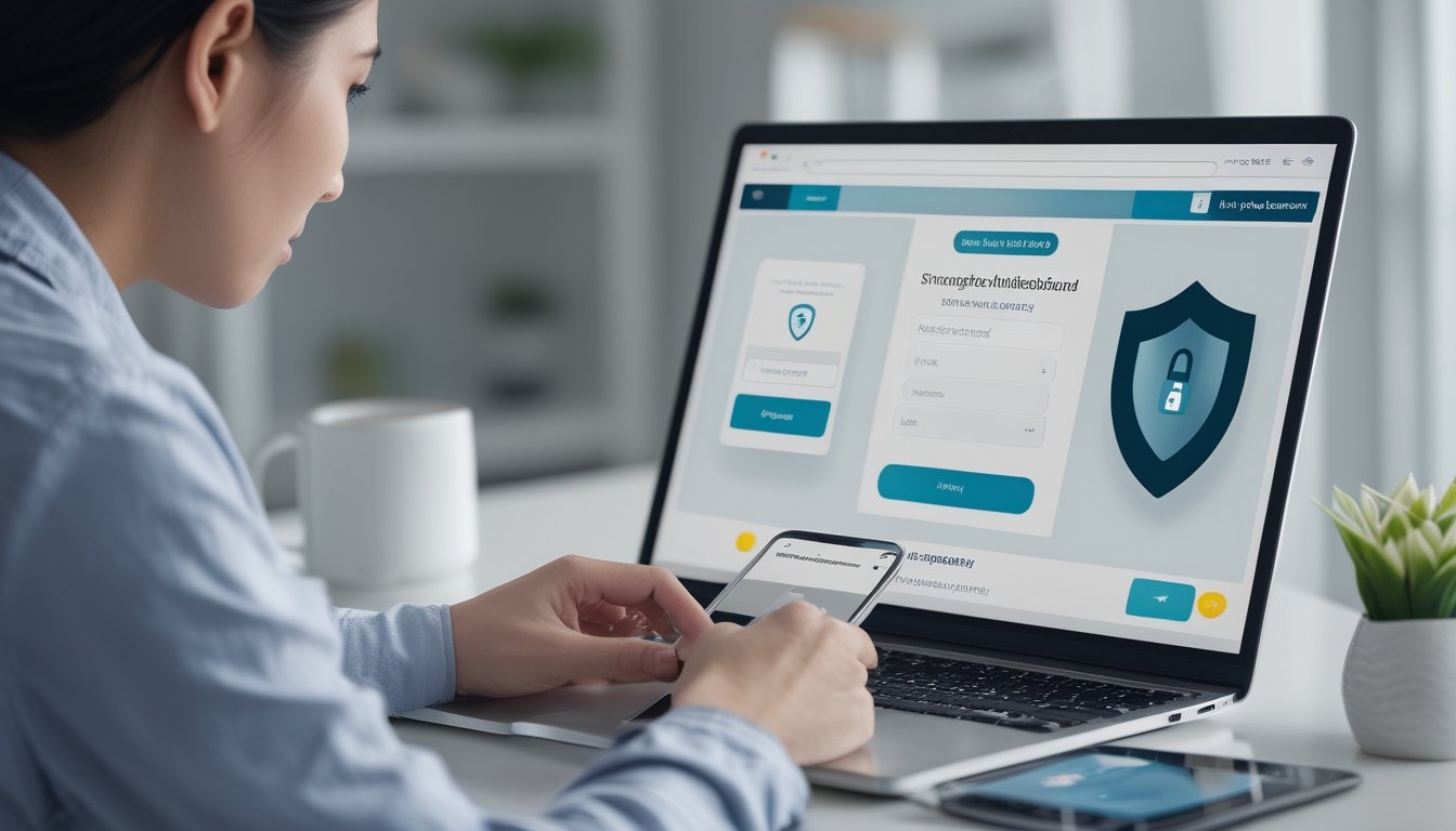 Seseorang mengamankan akun online menggunakan laptop, ponsel, dan kunci keamanan.