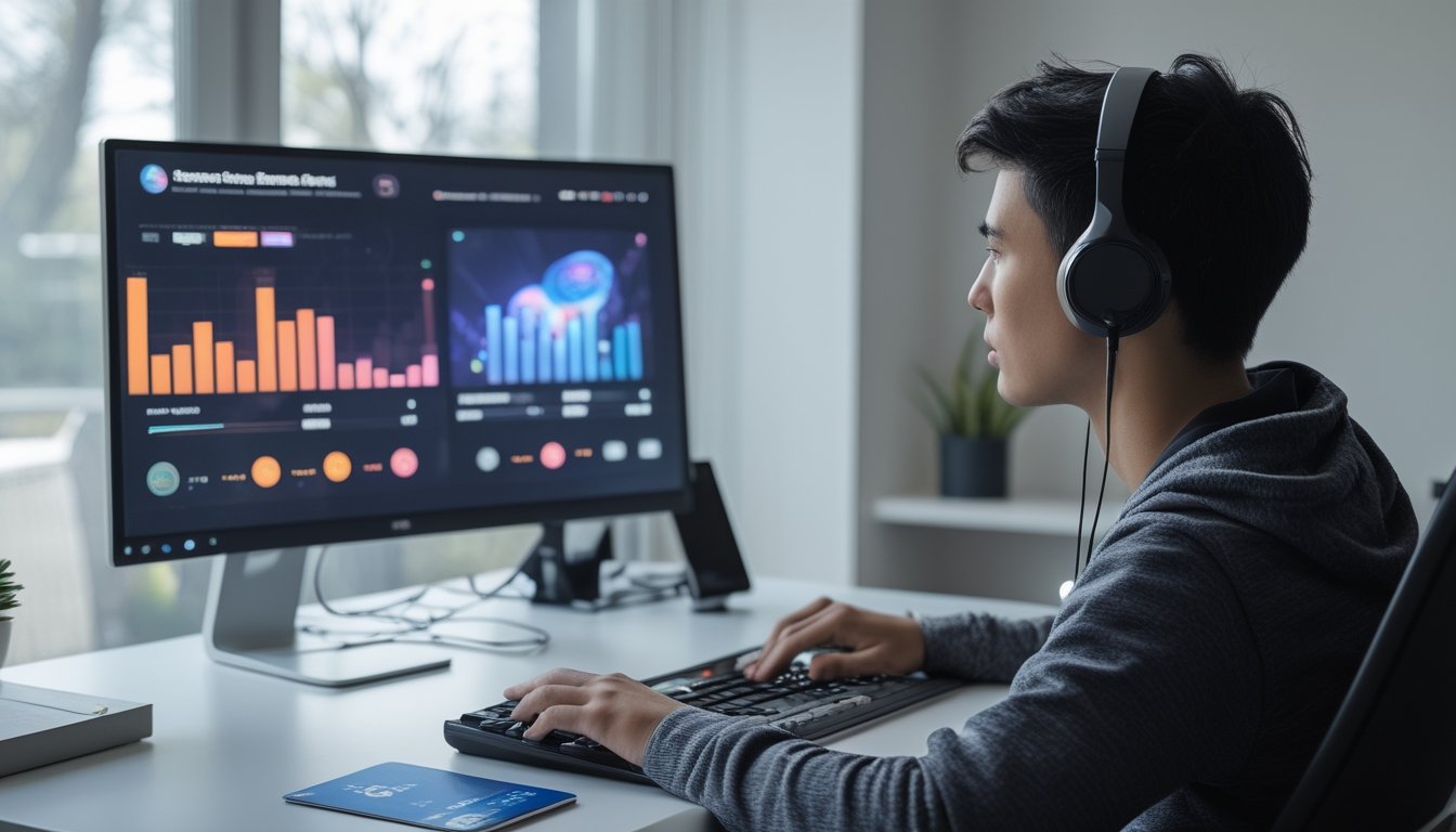 Seorang pemula menonton pertandingan esports sambil memeriksa anggaran di meja.