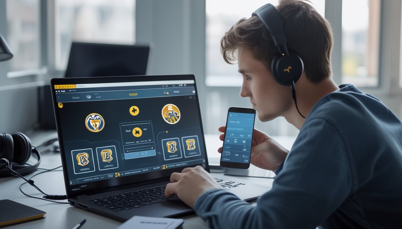 Seorang pemula memeriksa informasi pertandingan esports di laptop sebelum memasang taruhan.