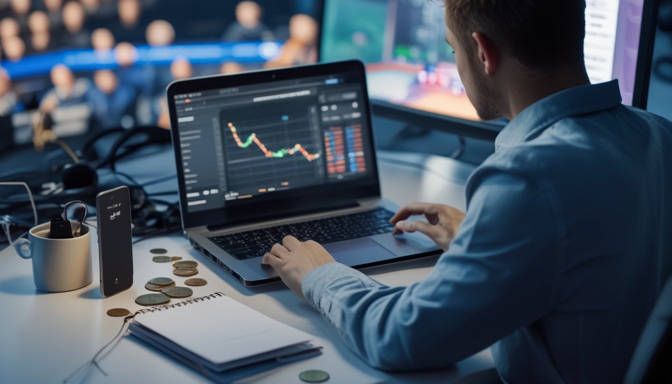 Seseorang meninjau grafik keuangan di laptop di meja dengan perlengkapan esports.