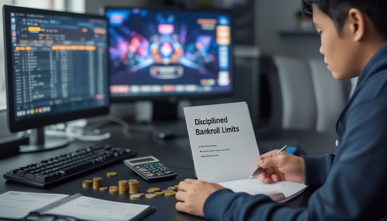 Seorang penggemar esports mengatur anggaran di meja dengan kalkulator, buku catatan, dan sejumlah uang.
