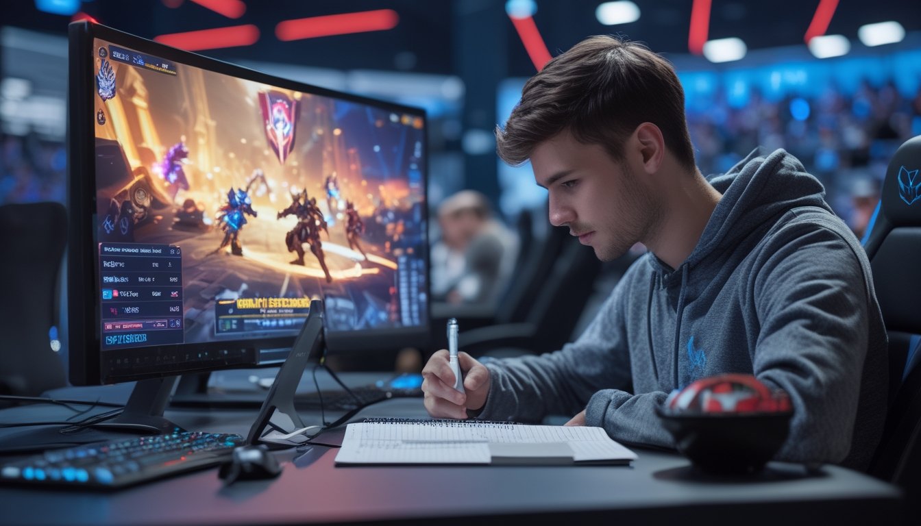 Seorang penggemar esports mengamati pertandingan di monitor sambil membandingkan statistik pada tablet dan mencatat strategi.
