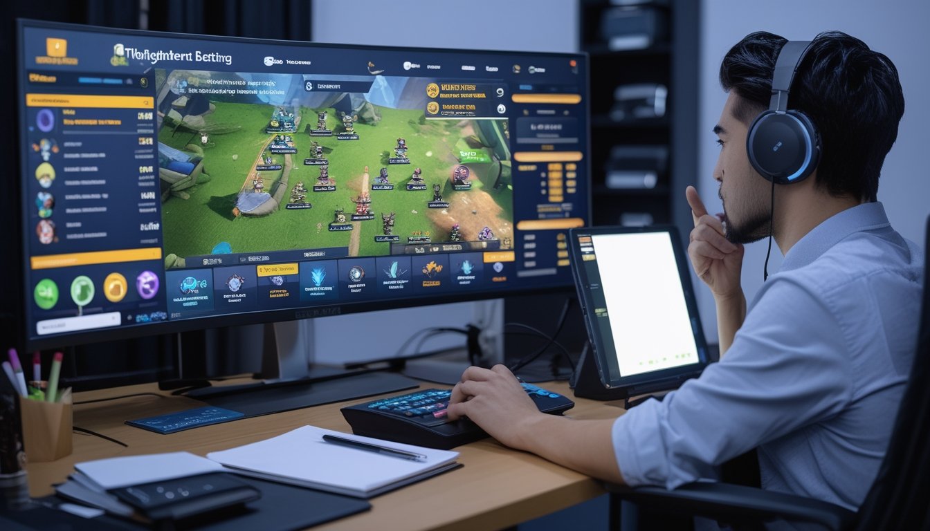 Seorang penggemar esports mempelajari pertandingan di layar sambil mencatat informasi di meja.