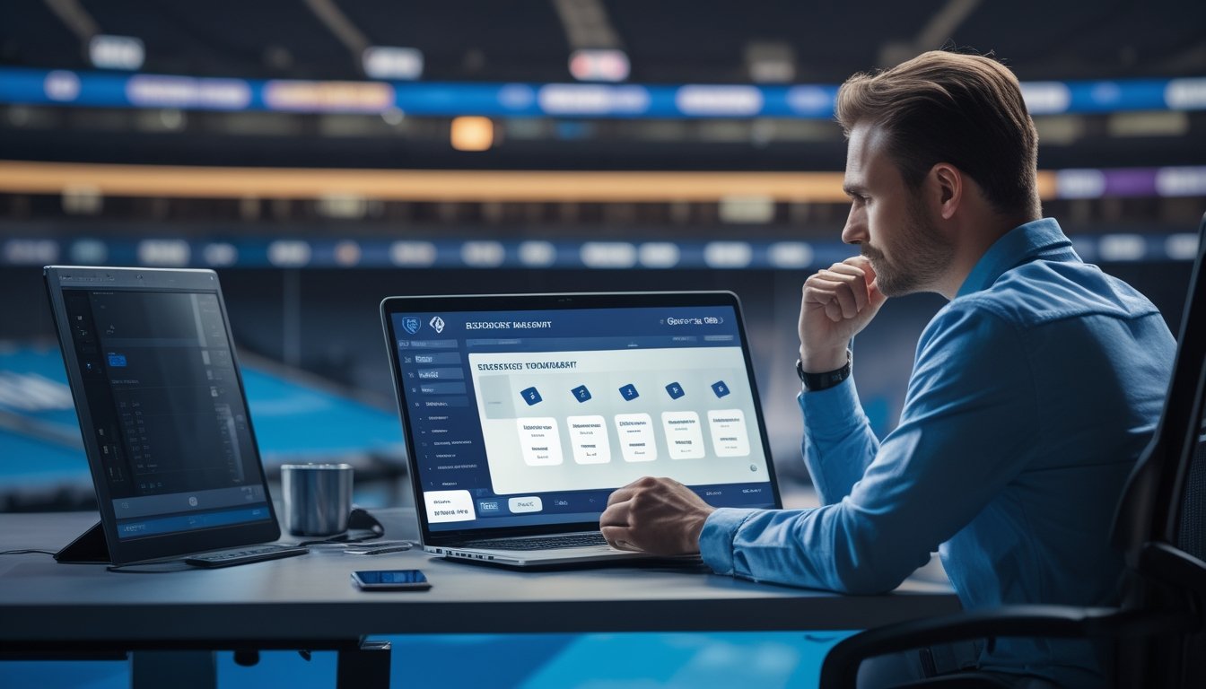 Seorang penggemar esports memeriksa informasi turnamen di laptop di meja kerja.