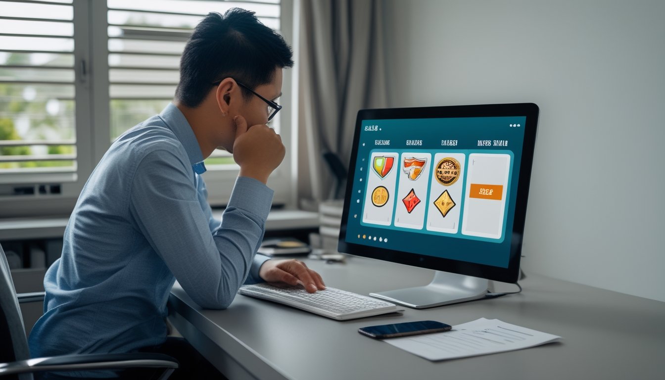 Seseorang membandingkan pilihan permainan slot di laptop dengan daftar periksa di meja.