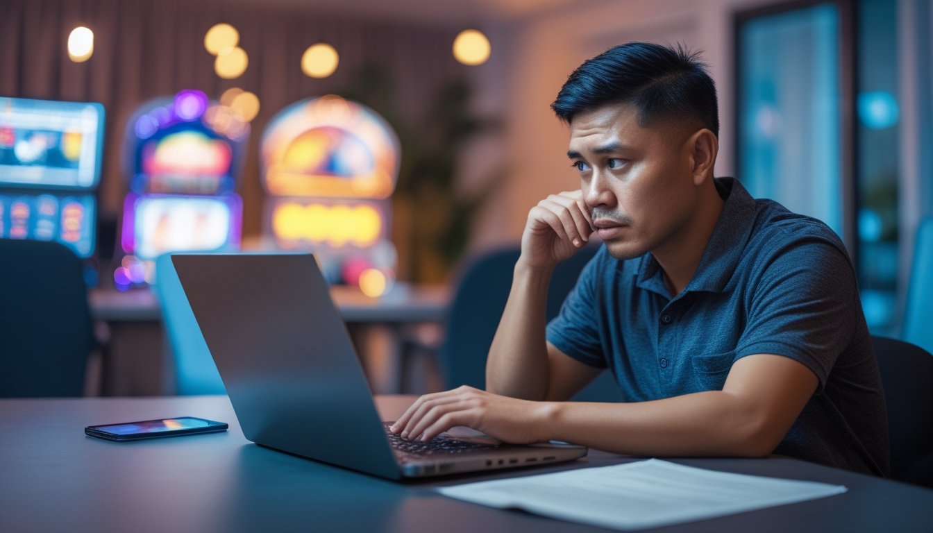 Seorang dewasa Indonesia meninjau laptop dengan ekspresi serius di meja.