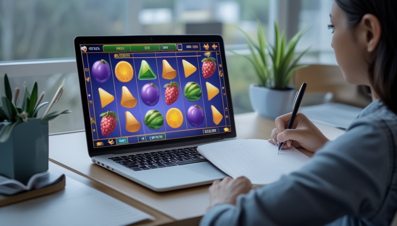 Seseorang mengamati permainan slot di laptop sambil mencatat pola di buku.