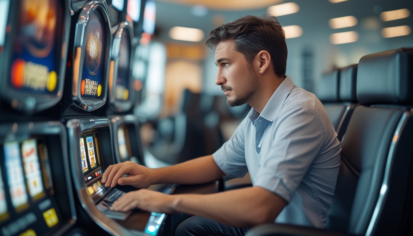 Seorang pemula mengamati gulungan mesin slot yang berputar.