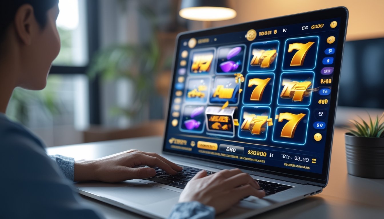 Seseorang dewasa memainkan permainan slot online di laptop.