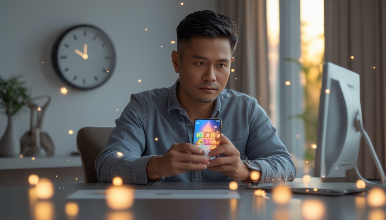 Seseorang melihat permainan slot di ponsel dengan jam di atas meja.
