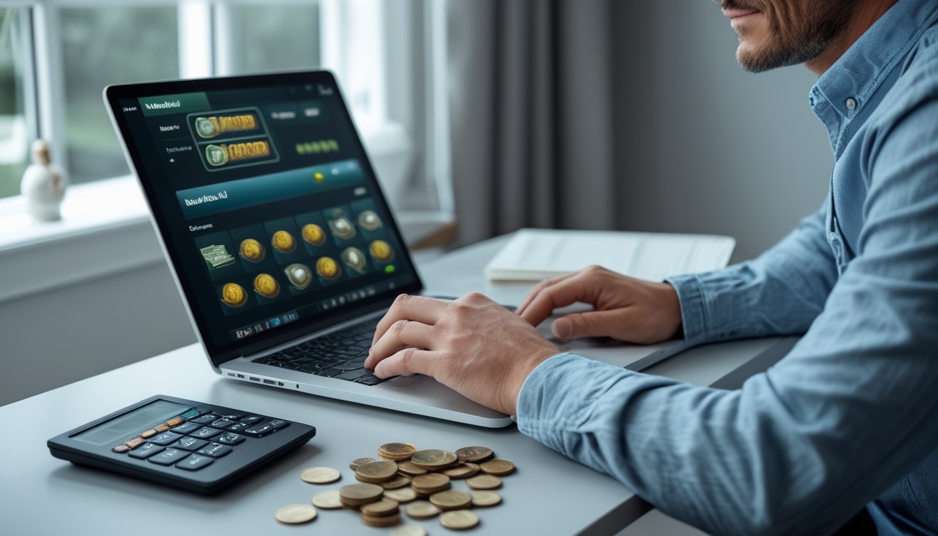 Seseorang mengatur anggaran permainan slot di depan laptop dengan kalkulator dan buku catatan.