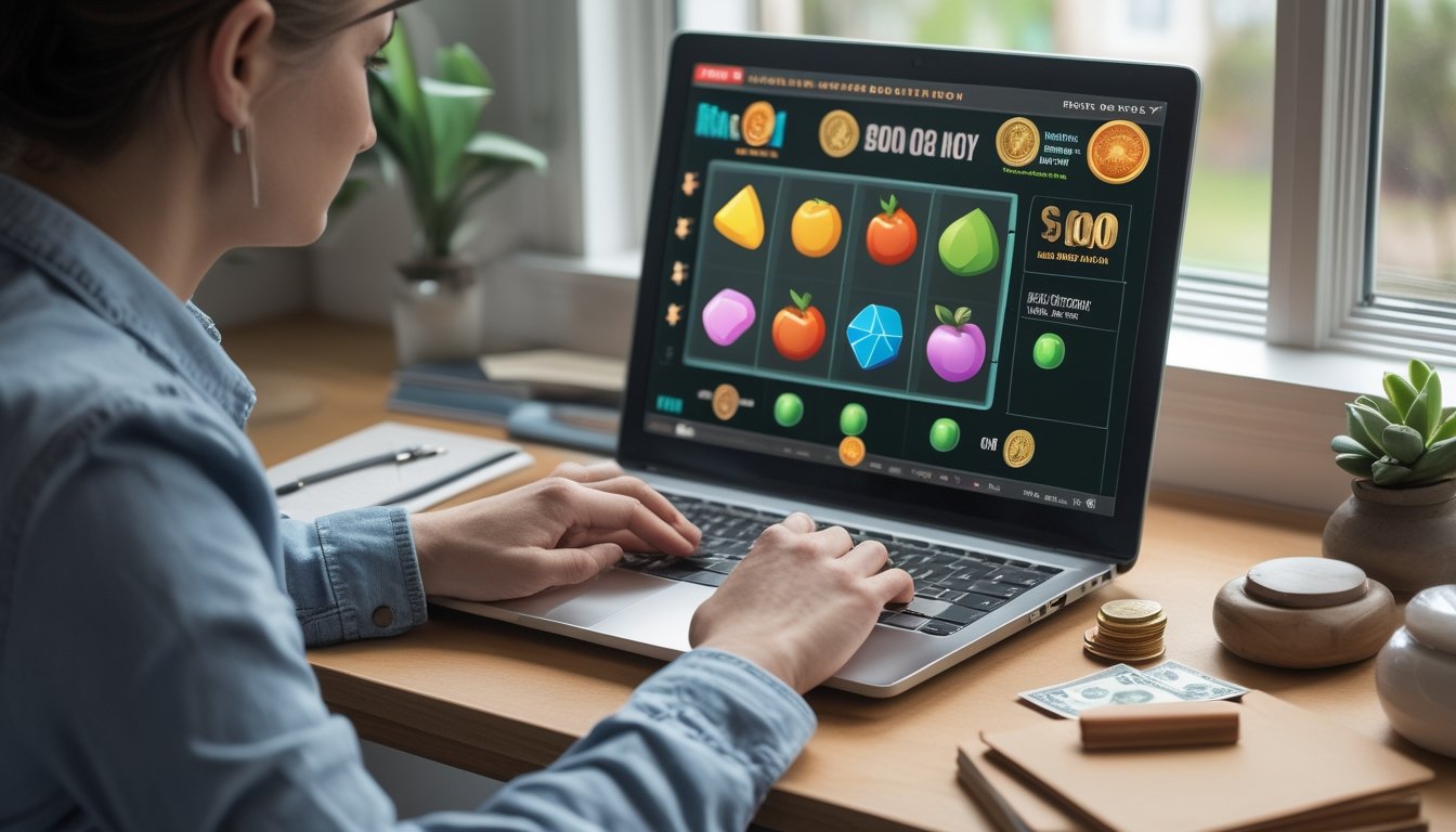 Seorang dewasa melihat permainan slot di laptop dengan uang dan buku catatan di meja.