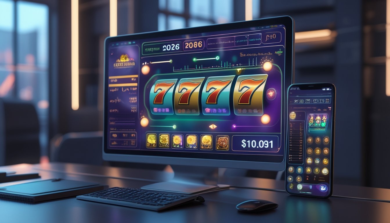 Monitor dan ponsel menampilkan antarmuka permainan slot serta grafik data.