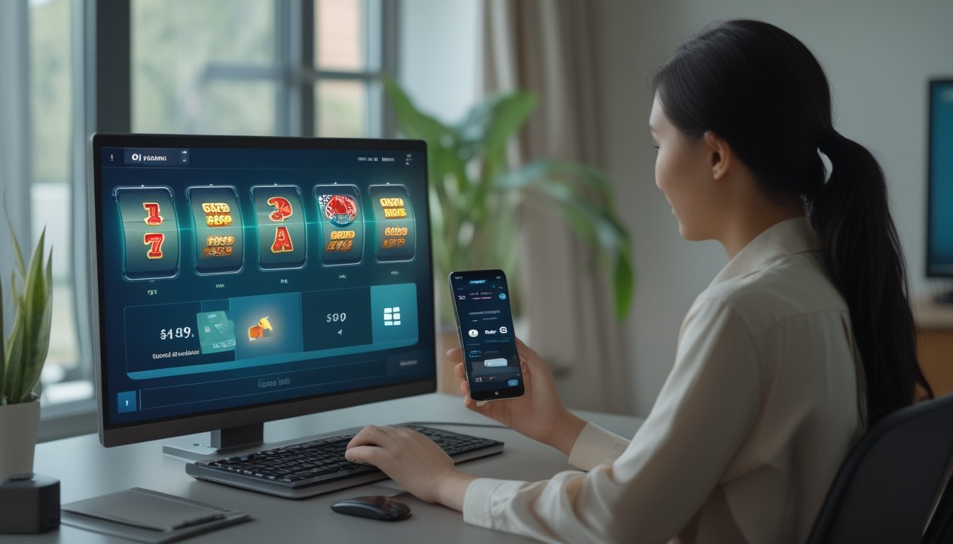 Seseorang menggunakan laptop dan ponsel dengan tampilan permainan slot digital.