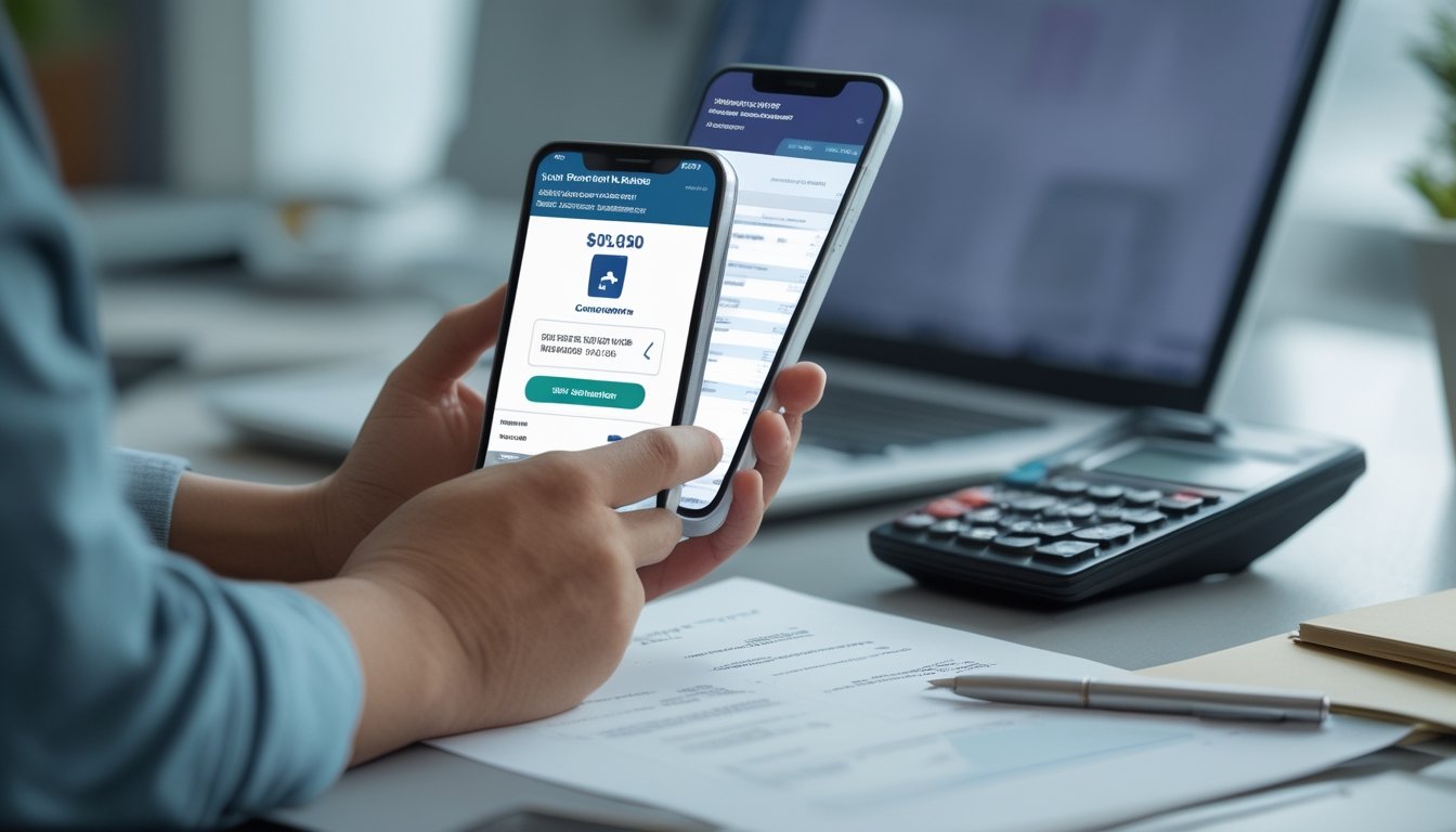 Seseorang memeriksa transaksi digital dengan daftar periksa dan kalkulator di meja.