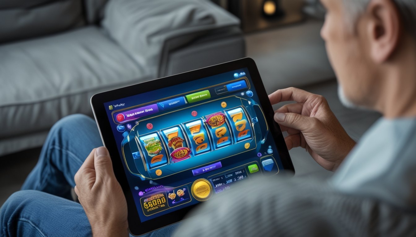 Seseorang memainkan permainan slot di tablet sambil duduk di ruang keluarga.