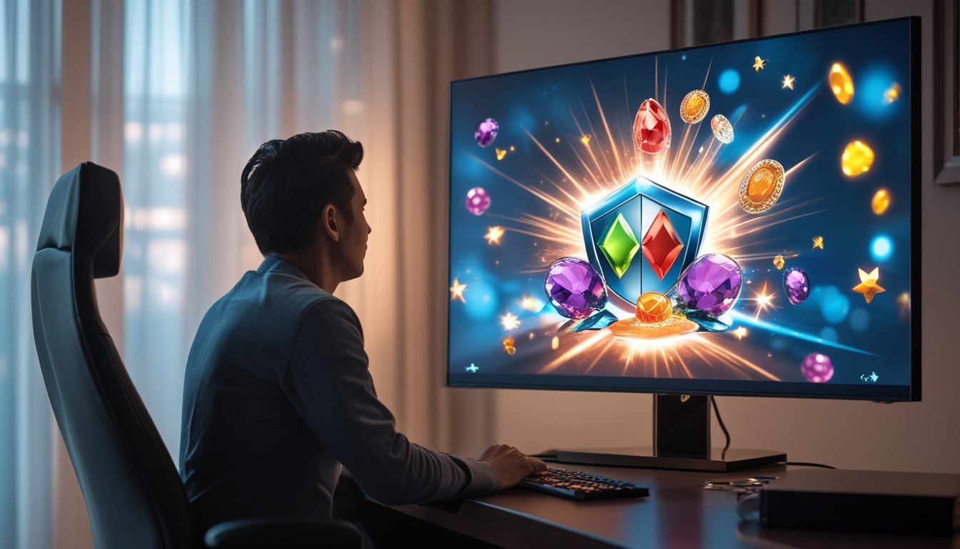 Seorang dewasa melihat permainan slot digital yang bercahaya di monitor.