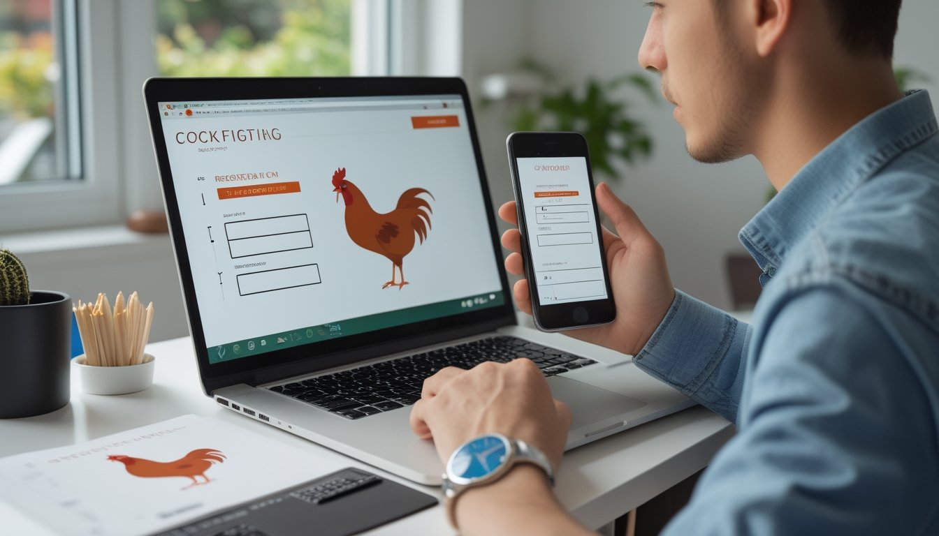 Seseorang menggunakan laptop dan ponsel di meja, dengan gambar ayam jantan kecil di dekatnya.
