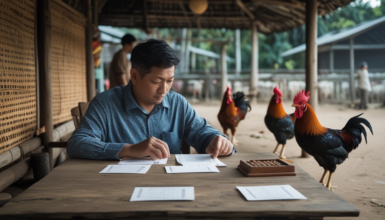 Seorang pria mengamati dua ayam jantan yang berdiri terpisah di sebuah ruang pedesaan.