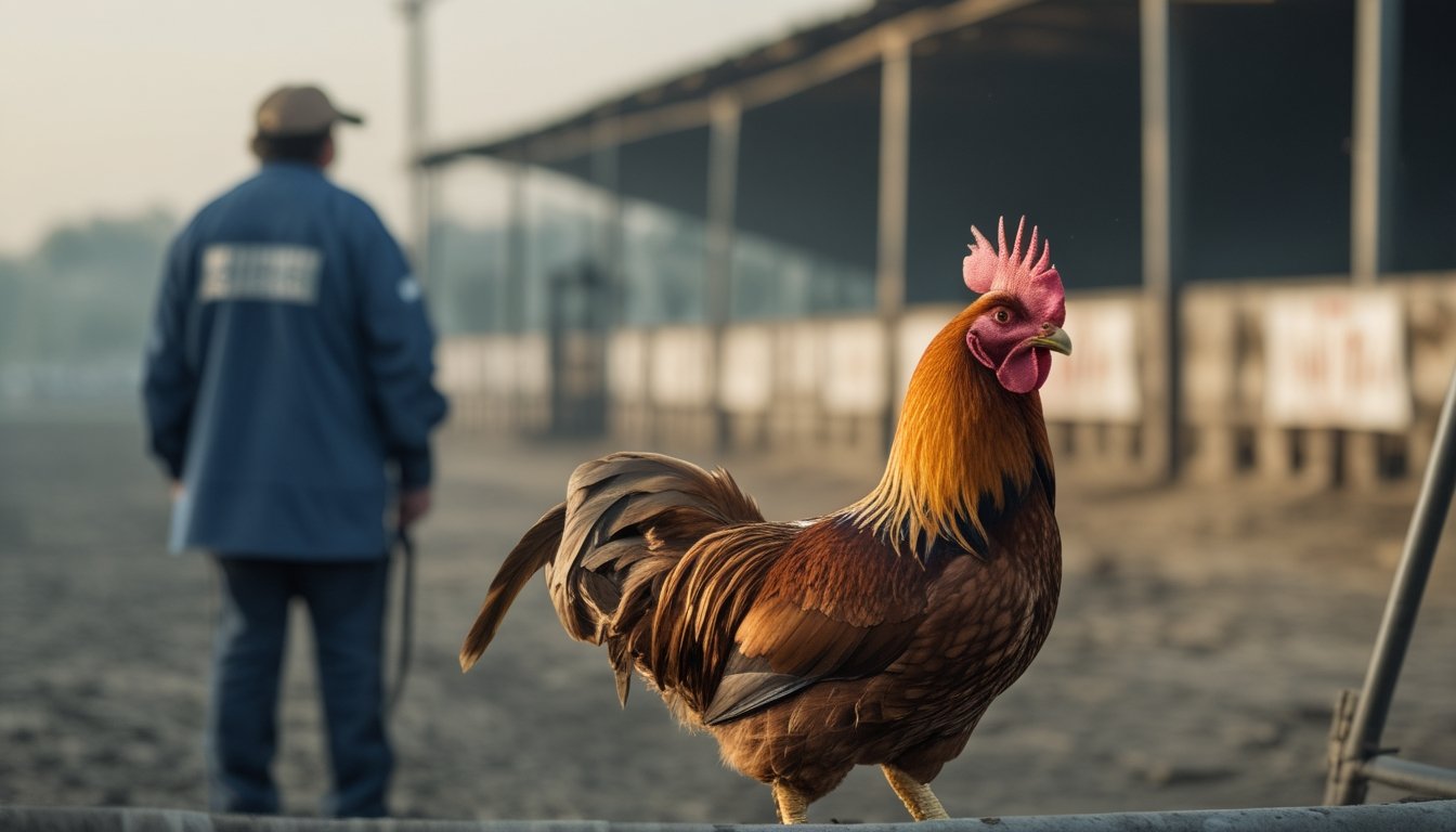 Seekor ayam jantan berdiri di balik pagar sementara petugas kesejahteraan hewan mengawasinya.