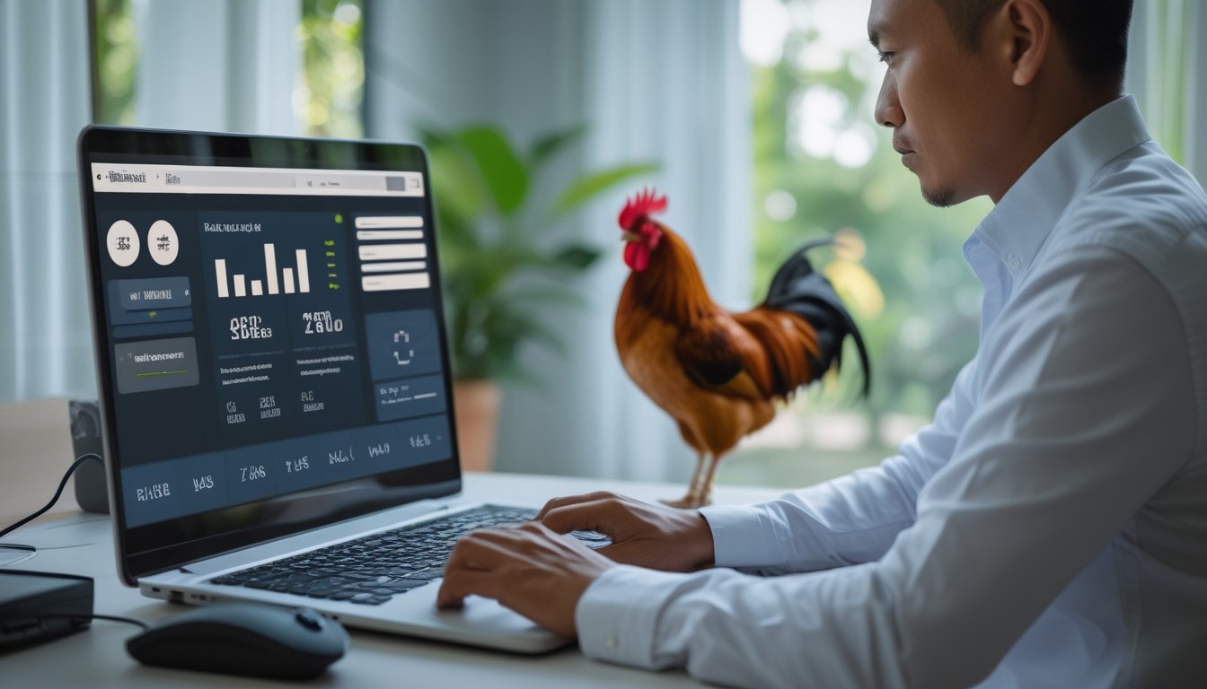 Seorang pria melihat laptop di ruangan dengan seekor ayam jantan di latar belakang.