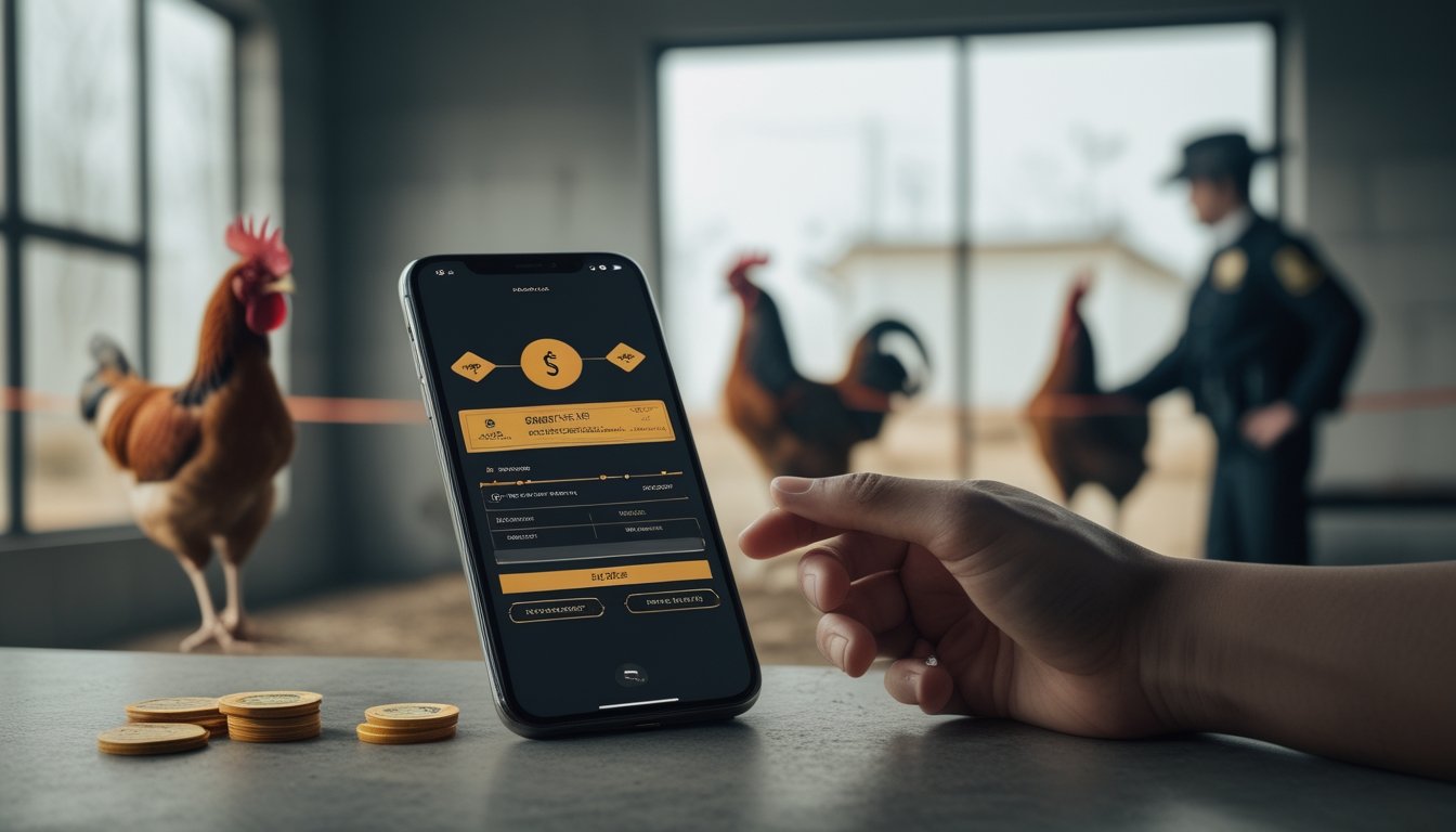 Seseorang memegang ponsel untuk taruhan sabung ayam, sementara dua ayam jantan berada di balik pembatas.