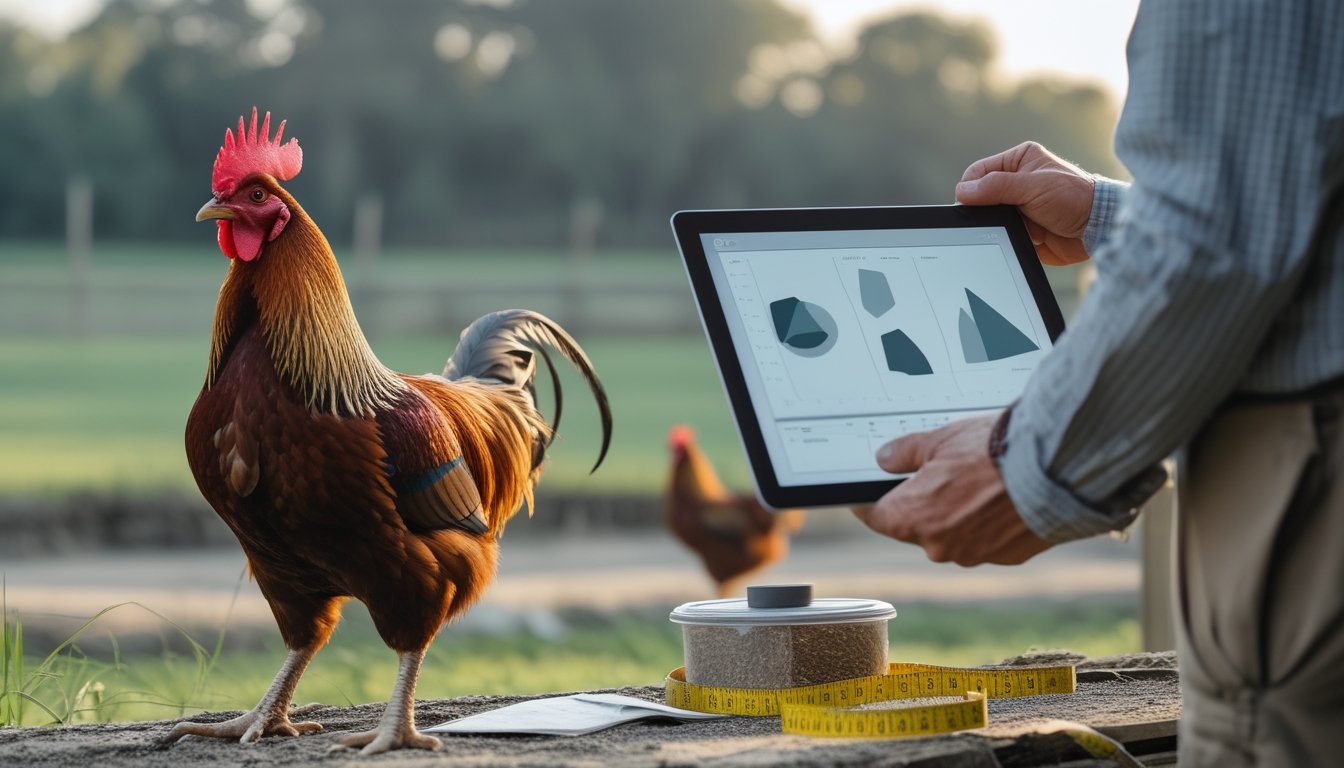 Seekor ayam jantan berada di kandang, sementara seseorang meninjau catatan dan grafik.